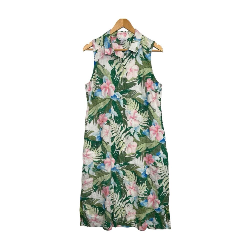 Tommy Bahama Midi Dress Womens Medium Green Linen Floral Tropical Beach Hawaiian